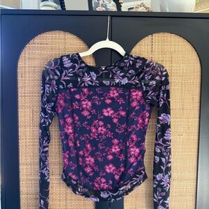 Free People Black Top with Pink and Purple Floral Design